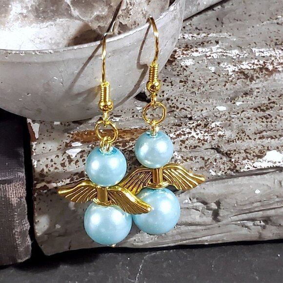 Sustainable Christmas Holiday Angels Gold Plated Light Blue Glass Pearl Earrings - Picture 1 of 9